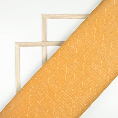 Orange Texture Pattern Sequins Embroidery Digital Print Linen Textured Fabric (Width 52 Inches)