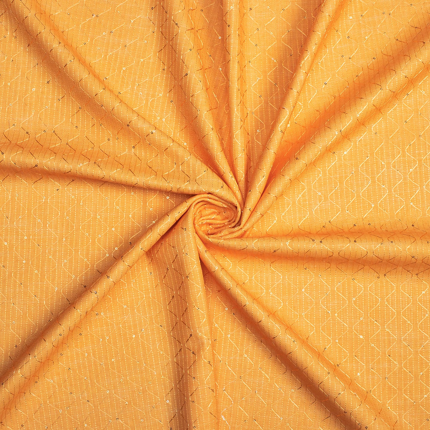 Orange Texture Pattern Sequins Embroidery Digital Print Linen Textured Fabric (Width 52 Inches)