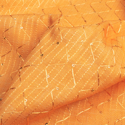 Orange Texture Pattern Sequins Embroidery Digital Print Linen Textured Fabric (Width 52 Inches)