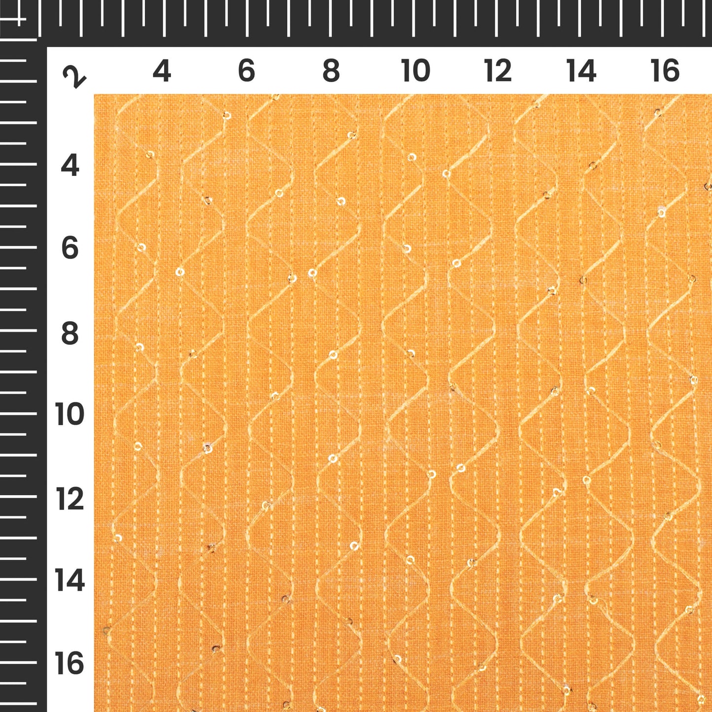 Orange Texture Pattern Sequins Embroidery Digital Print Linen Textured Fabric (Width 52 Inches)