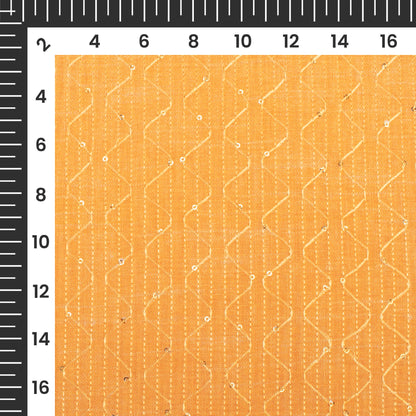 Orange Texture Pattern Sequins Embroidery Digital Print Linen Textured Fabric (Width 52 Inches)