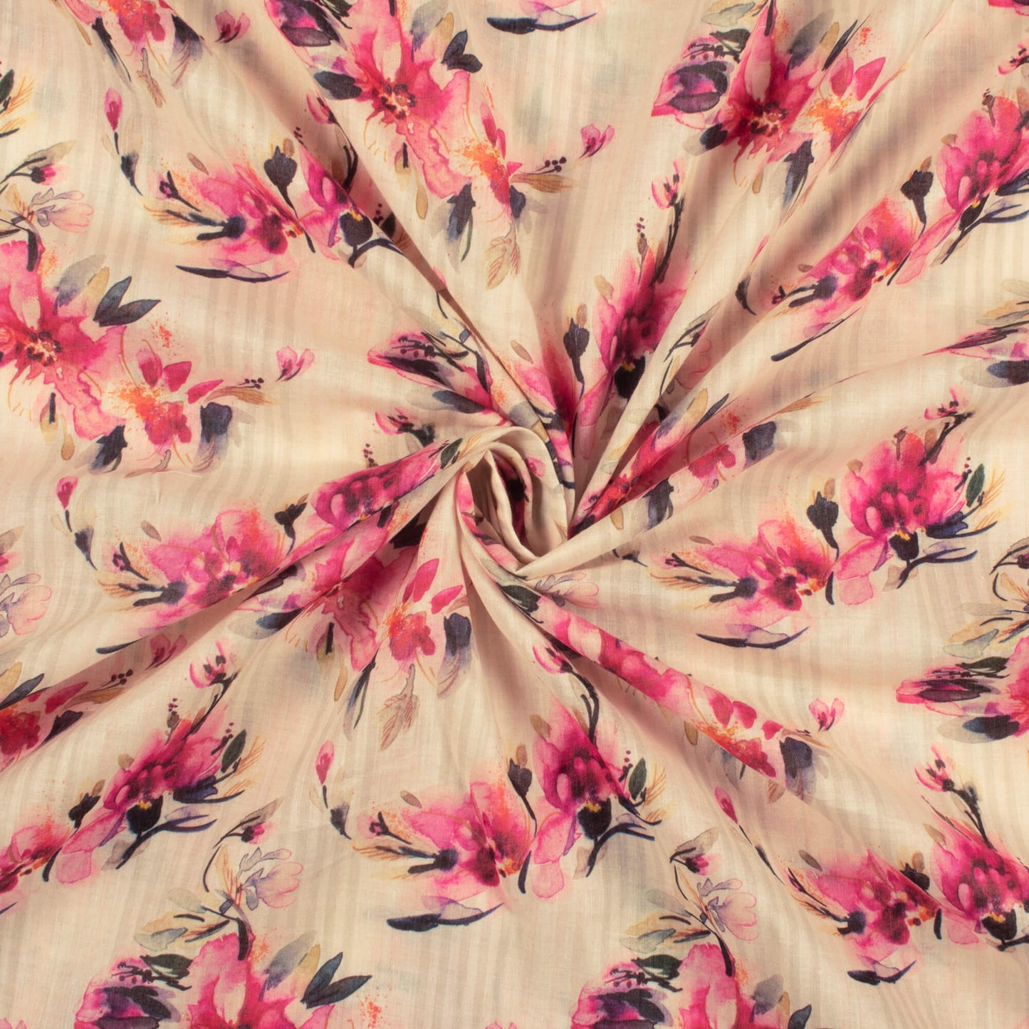 Cream And Deep Pink Floral Pattern Digital Print Poly Cambric Fabric (Width 34 Inches)