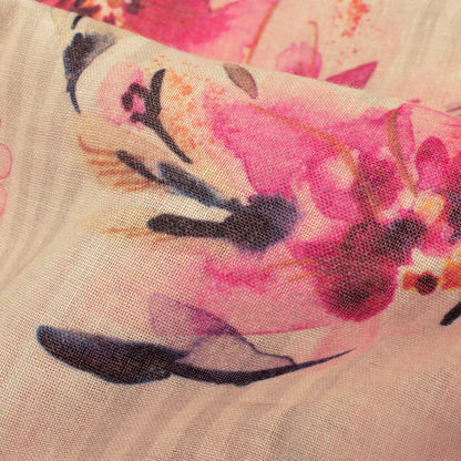 Cream And Deep Pink Floral Pattern Digital Print Poly Cambric Fabric (Width 34 Inches)