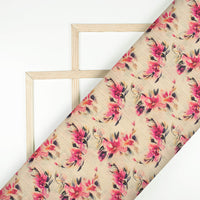 Cream And Deep Pink Floral Pattern Digital Print Poly Cambric Fabric (Width 34 Inches)