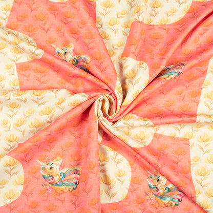 Cream And Pink Floral Pattern Digital Print Twill Fabric (Width 56 Inches)