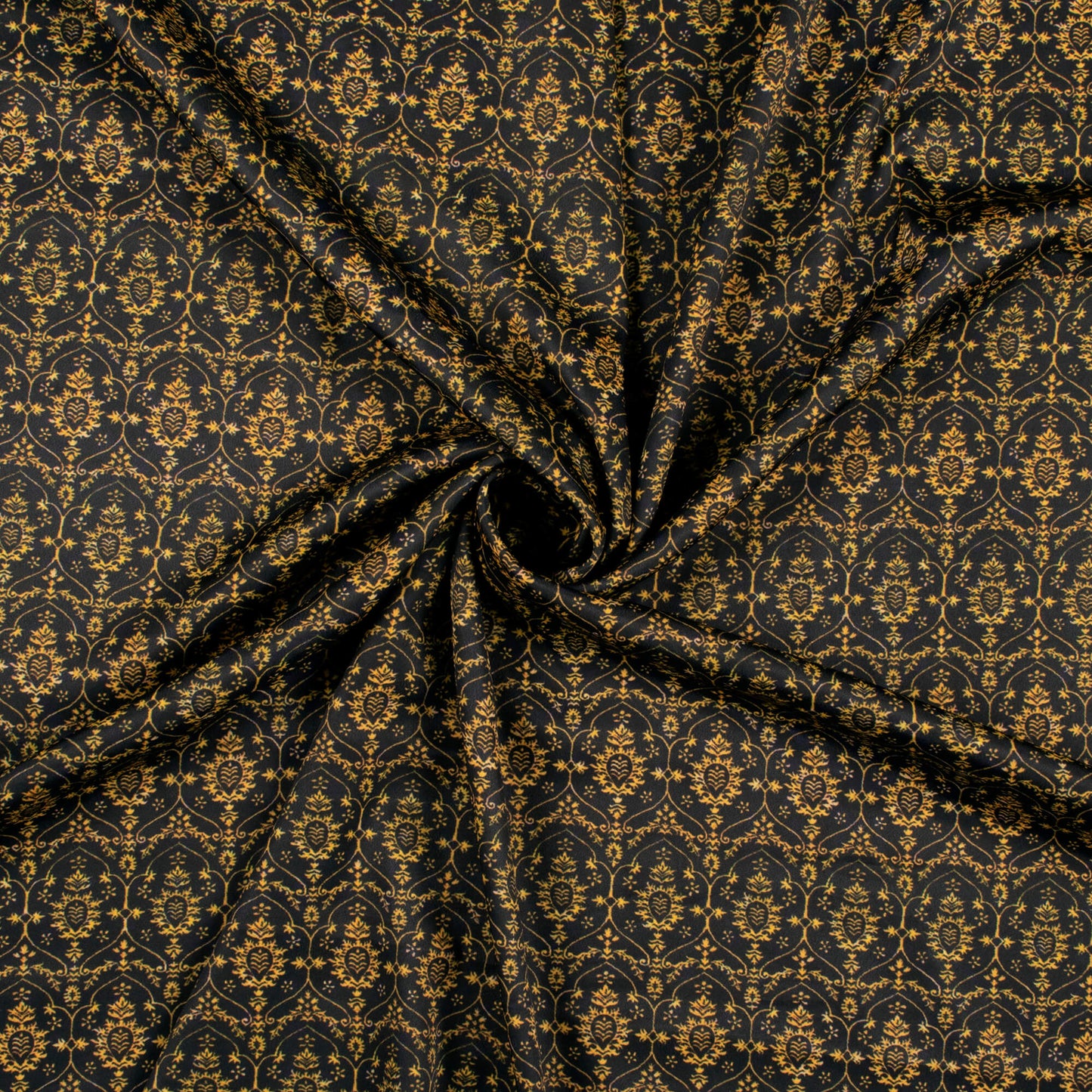 Black And Flax Yellow Ethnic Pattern Digital Print Crepe Satin Fabric