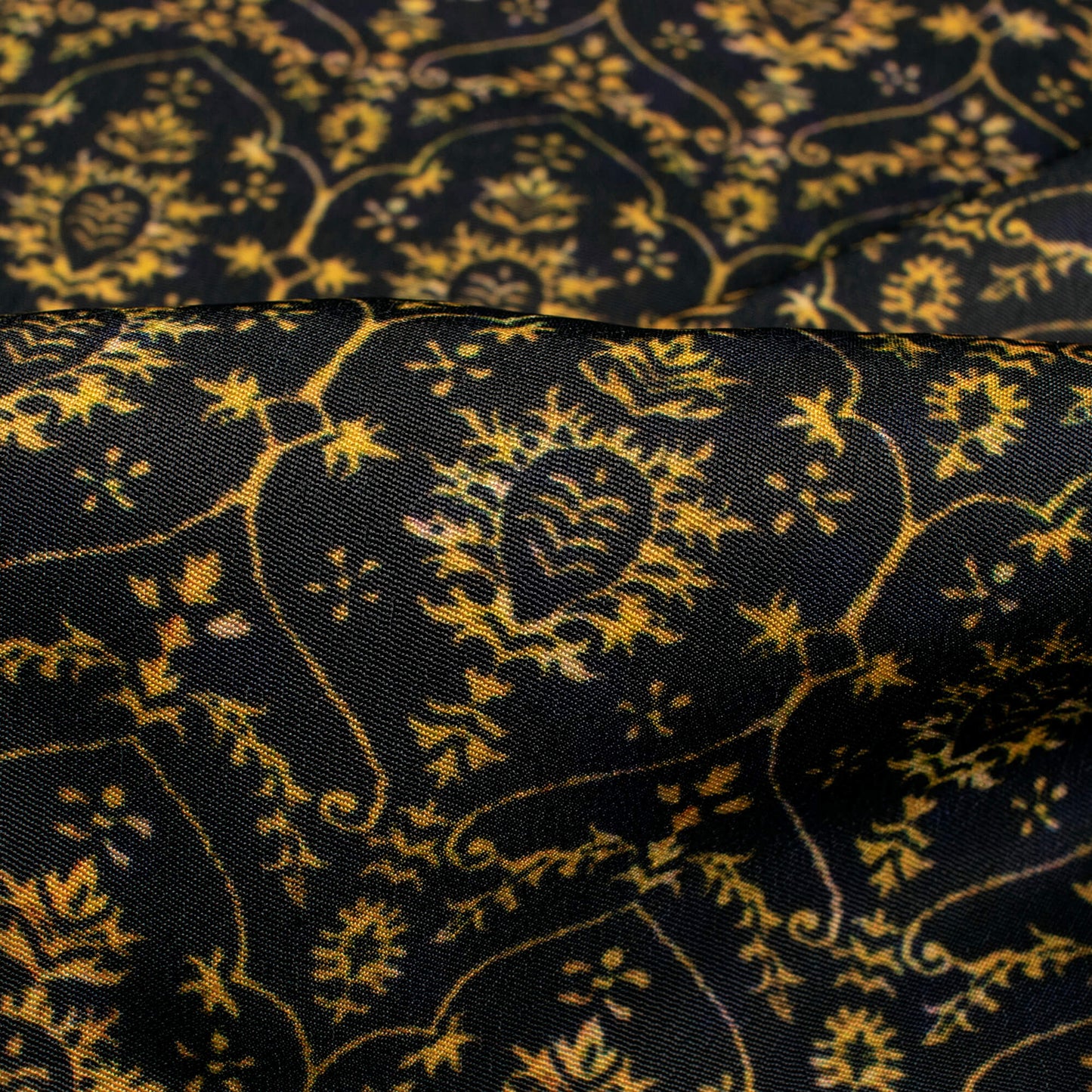 Black And Flax Yellow Ethnic Pattern Digital Print Crepe Satin Fabric