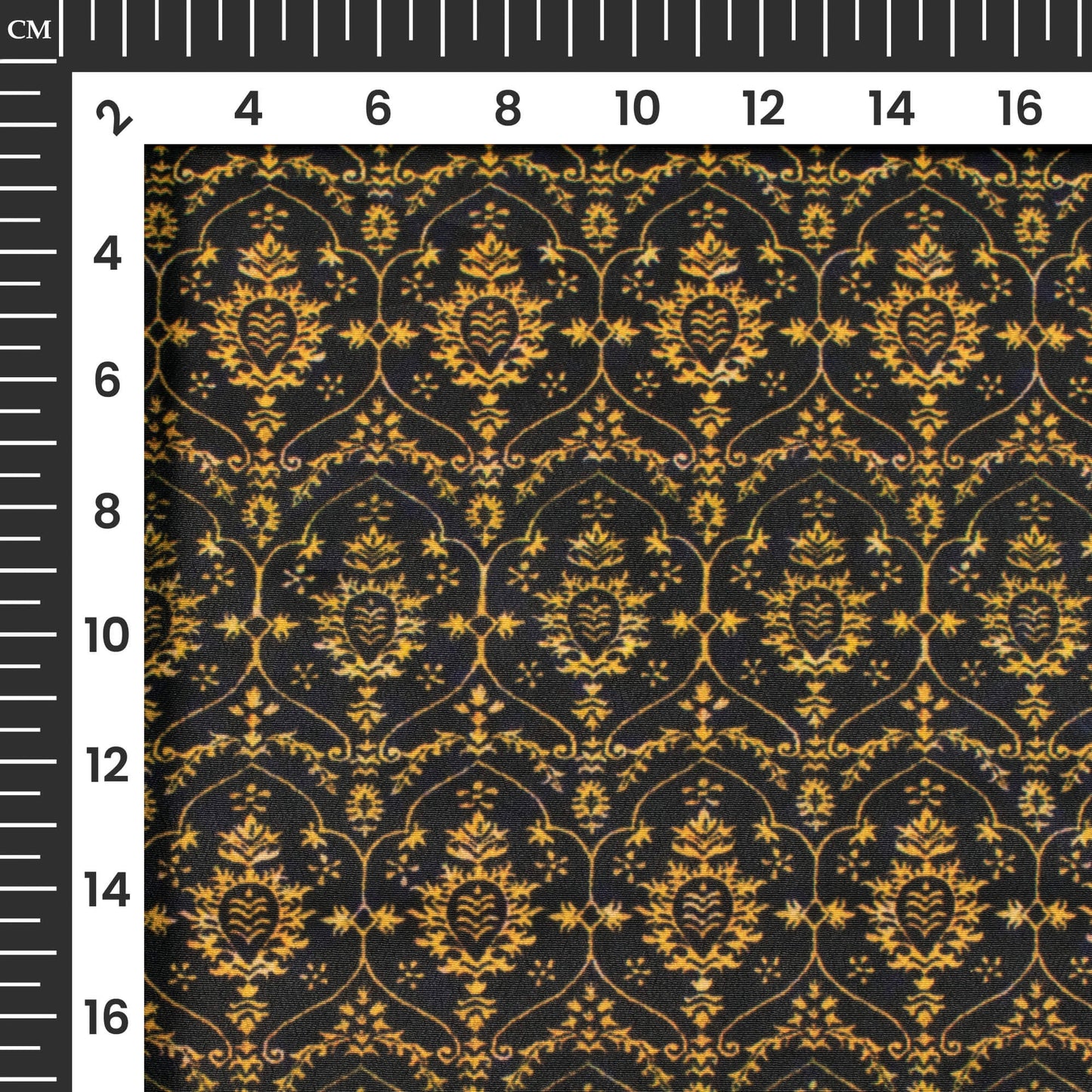 Black And Flax Yellow Ethnic Pattern Digital Print Crepe Satin Fabric