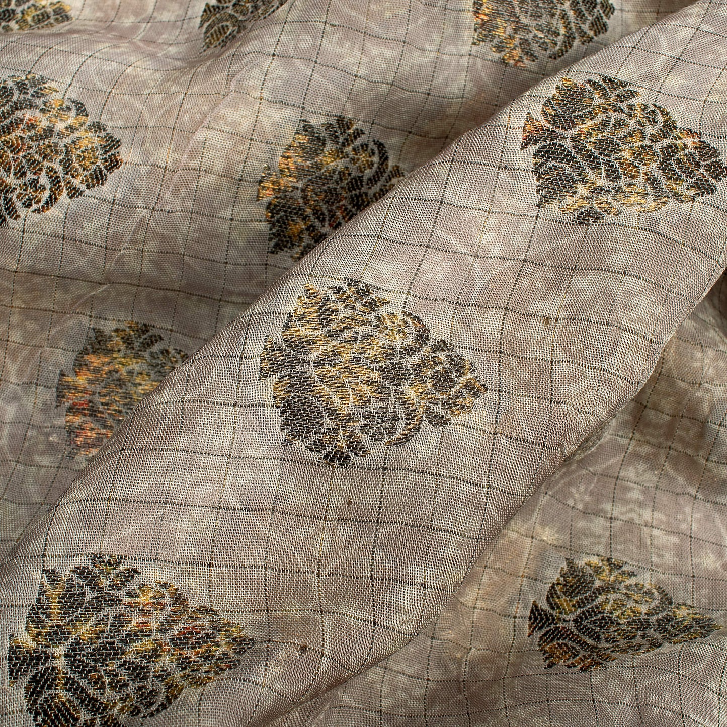 Fossil Grey And Off White Ethnic Pattern Digital Print Organza Fabric