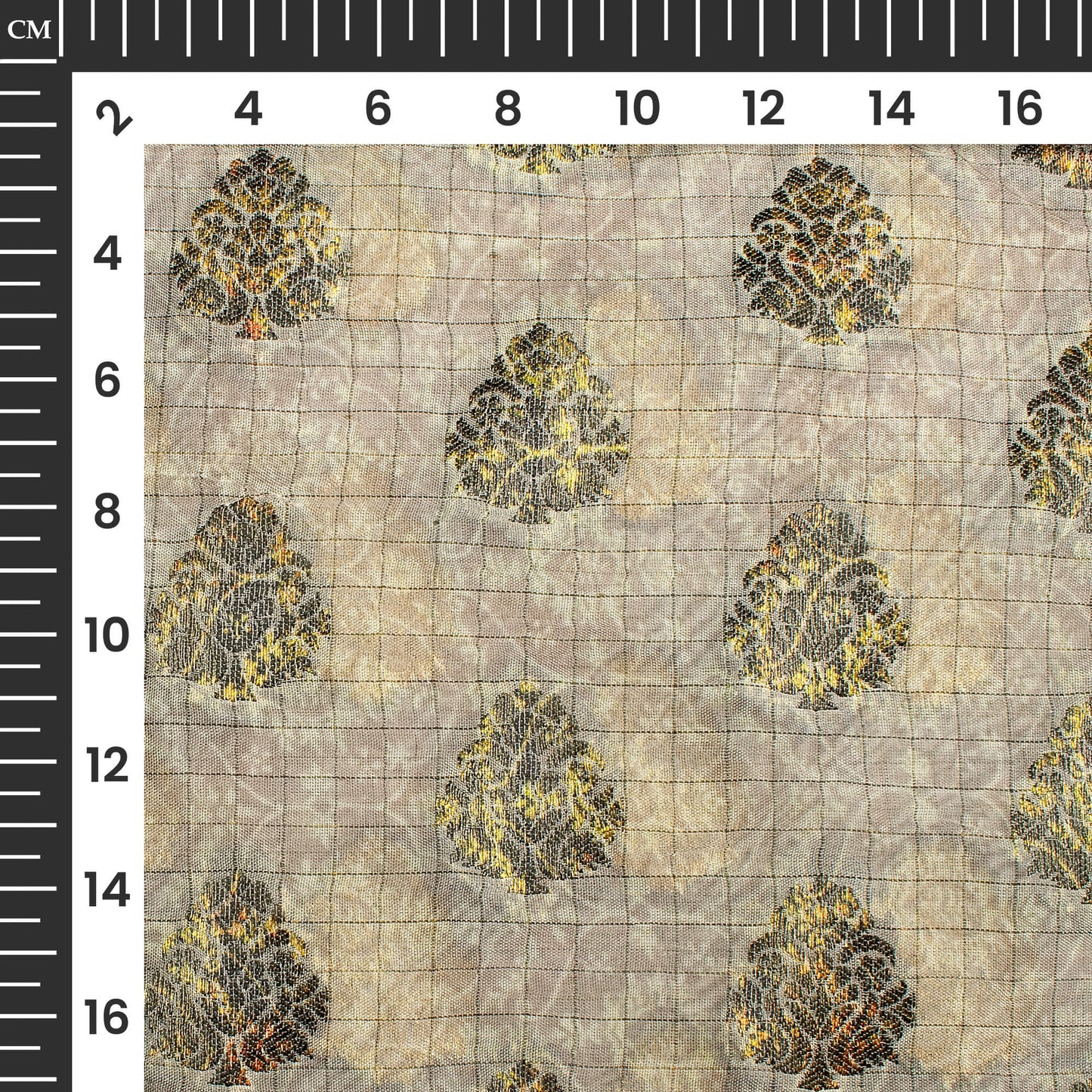 Fossil Grey And Off White Ethnic Pattern Digital Print Organza Fabric