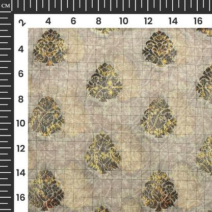 Fossil Grey And Off White Ethnic Pattern Digital Print Organza Fabric