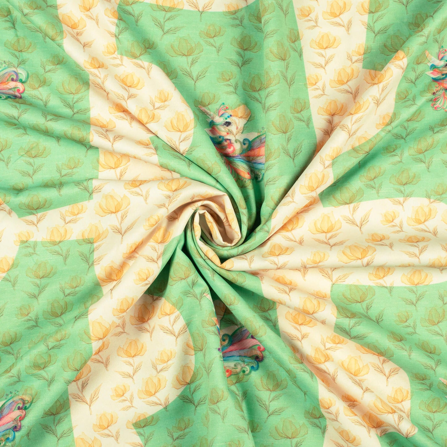 Cream And Fern Green Floral Pattern Digital Print Twill Fabric (Width 56 Inches)