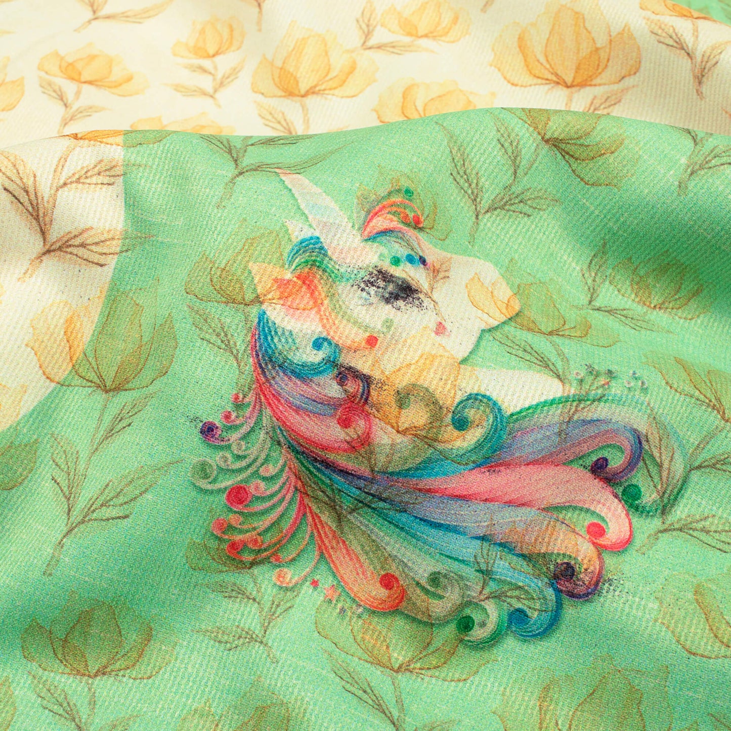 Cream And Fern Green Floral Pattern Digital Print Twill Fabric (Width 56 Inches)