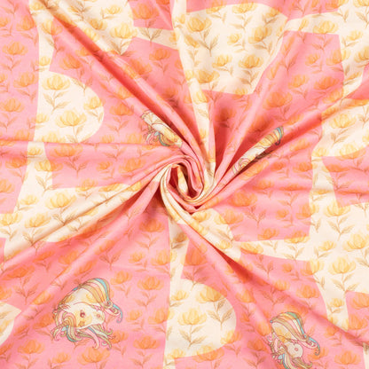 Cream and Taffy Pink Floral Pattern Digital Print Twill Fabric (Width 56 Inches)
