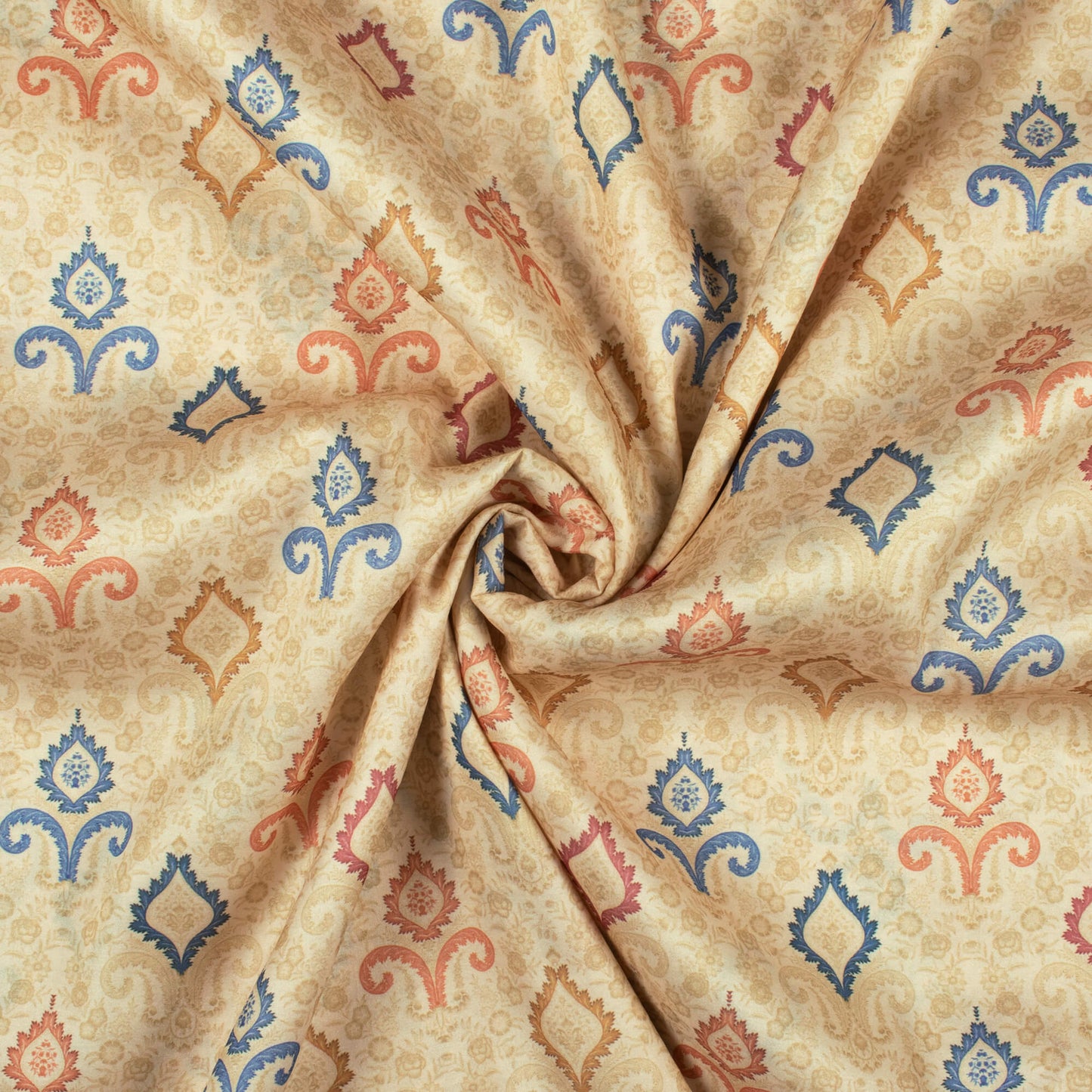 Beige And Blue Ethnic Pattern Digital Print Art Silk Fabric
