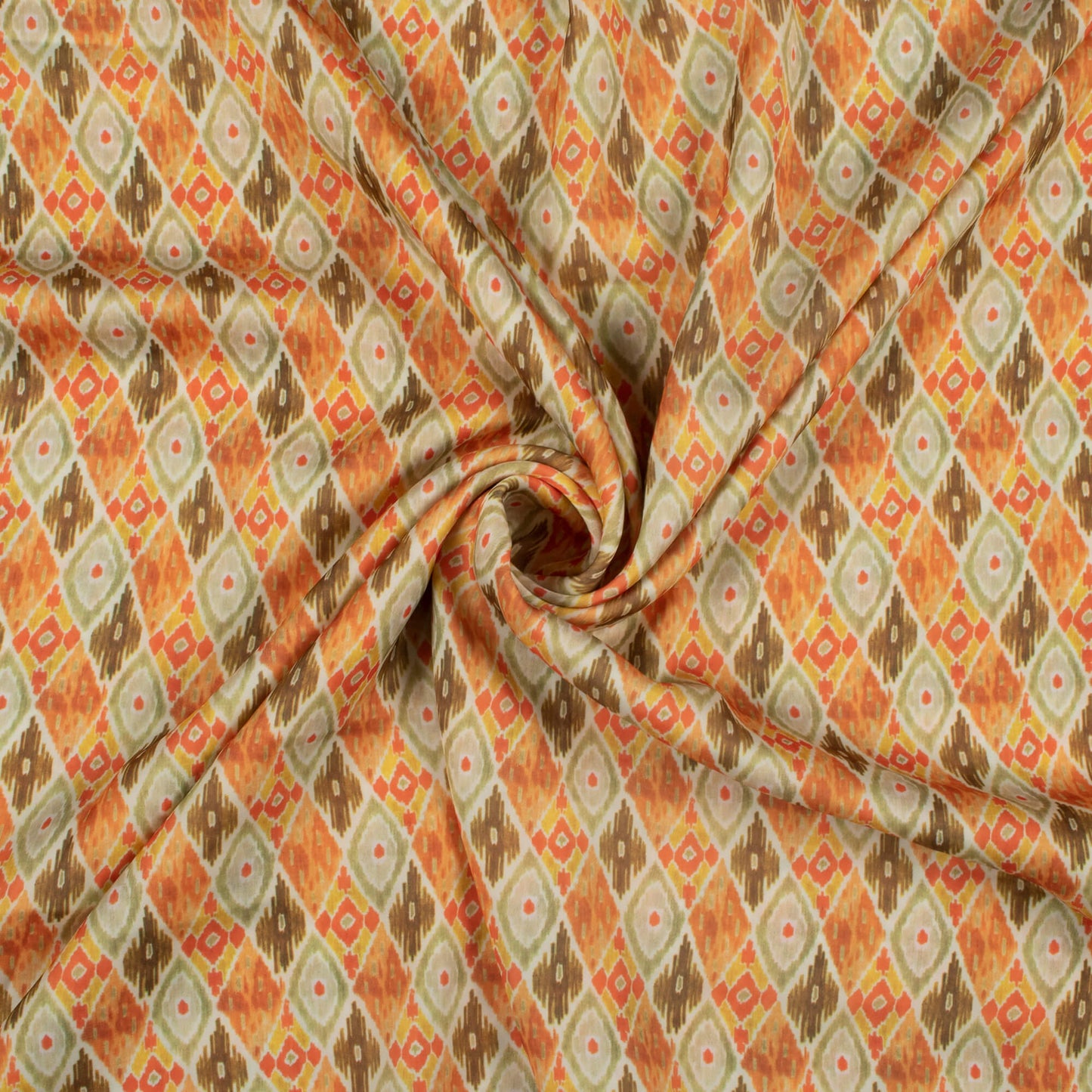 Laurel Green And Orange Ethnic Pattern Digital Print Satin Fabric