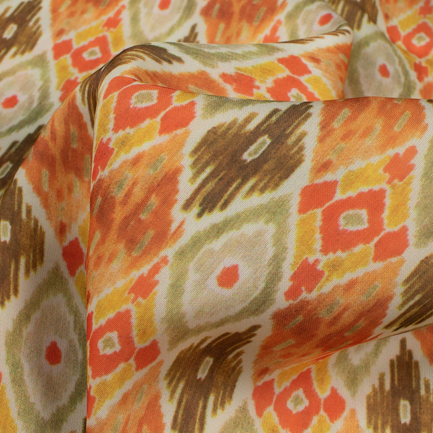 Laurel Green And Orange Ethnic Pattern Digital Print Satin Fabric