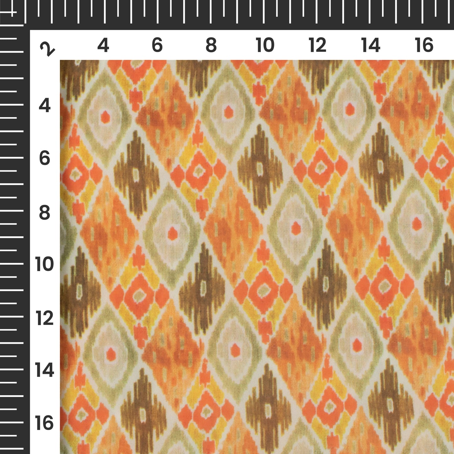 Laurel Green And Orange Ethnic Pattern Digital Print Satin Fabric