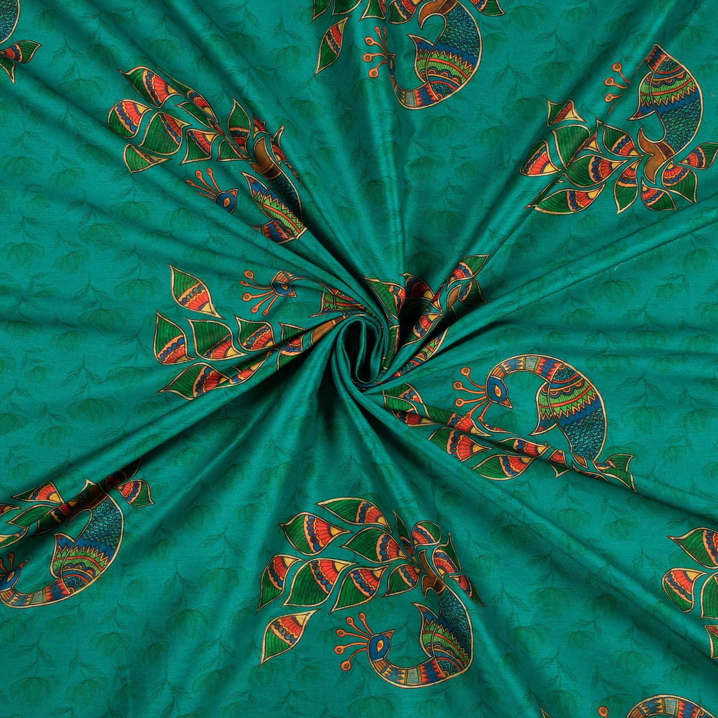 Peacock Green And Red Madhubani Pattern Digital Print Suhana Chanderi Fabric