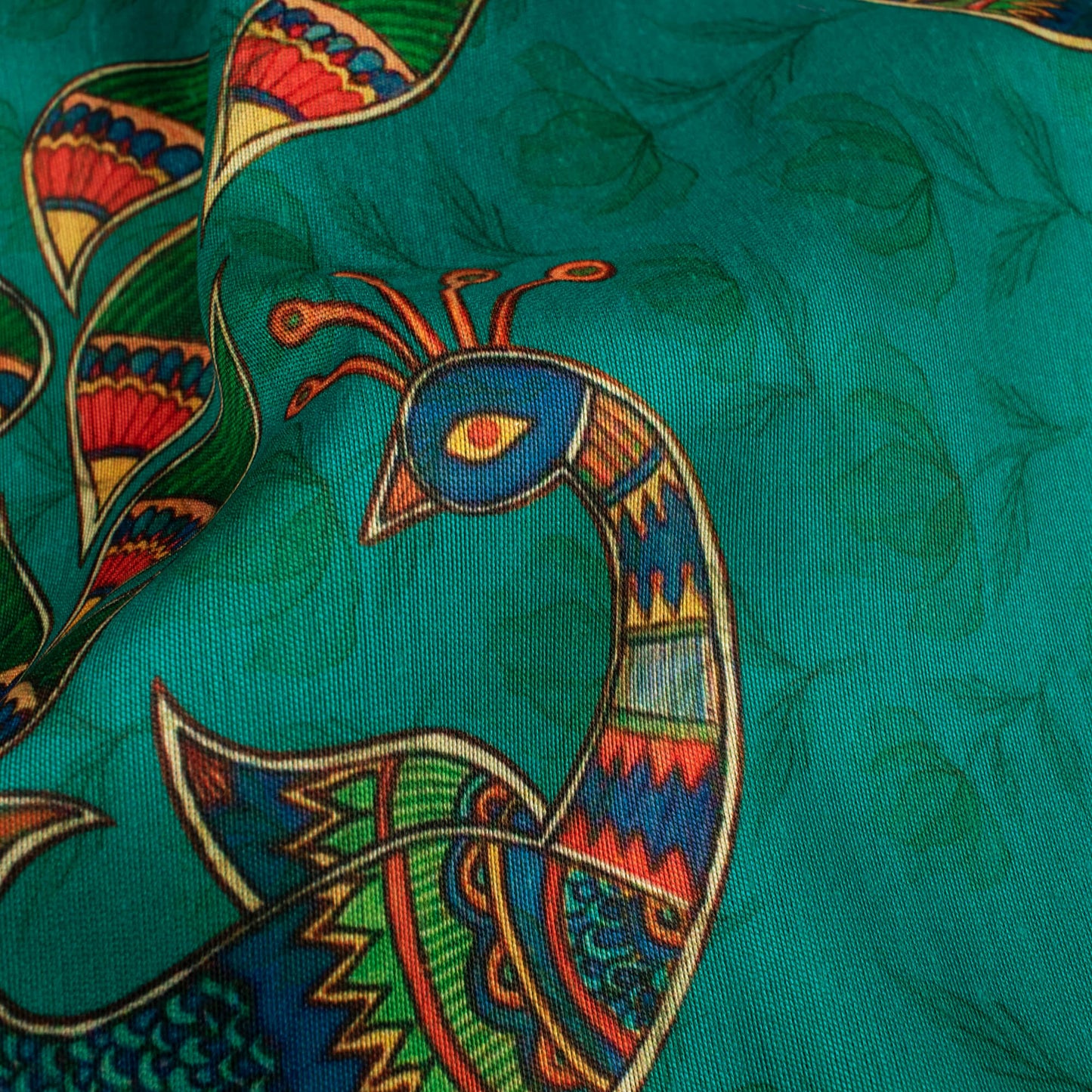 Peacock Green And Red Madhubani Pattern Digital Print Suhana Chanderi Fabric