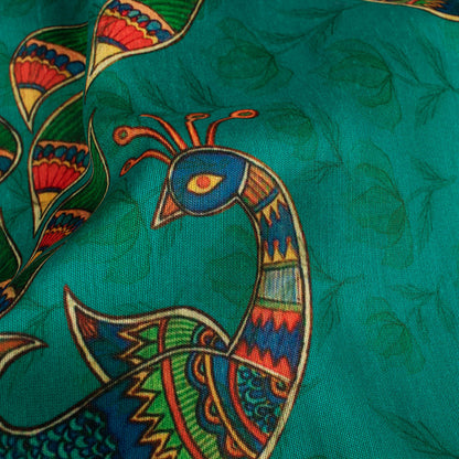 Peacock Green And Red Madhuvanii Pattern Digital Print Suhana Chanderi Fabric