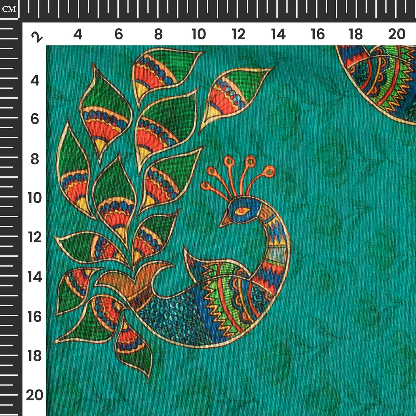 Peacock Green And Red Madhubani Pattern Digital Print Suhana Chanderi Fabric