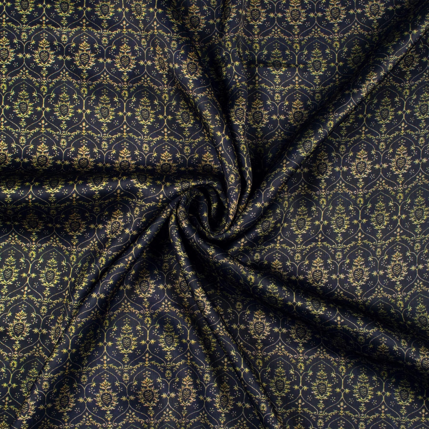 Navy Blue And yellow Traditional Pattern Digital Print Chiffon Satin Fabric