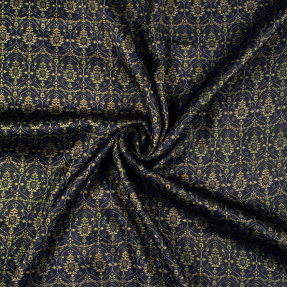 Navy Blue And yellow Traditional Pattern Digital Print Chiffon Satin Fabric