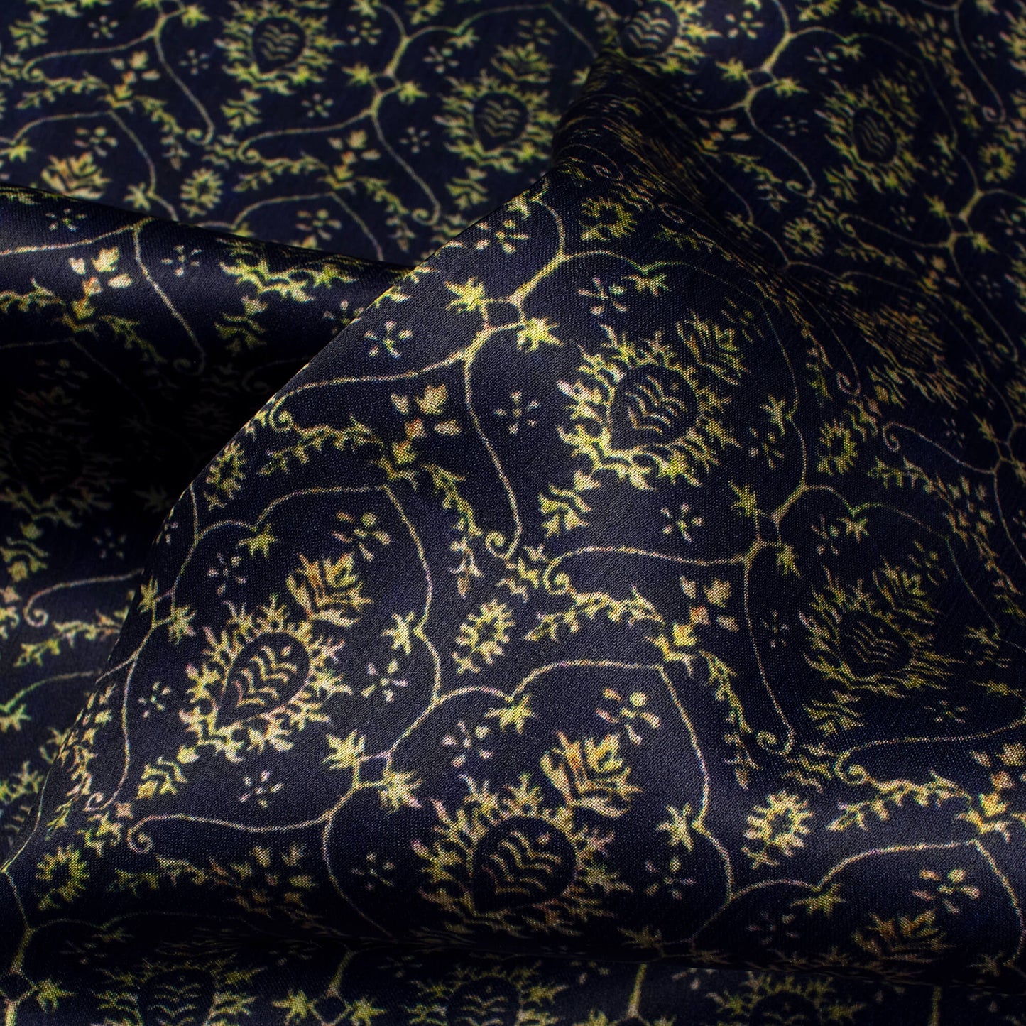 Navy Blue And yellow Traditional Pattern Digital Print Chiffon Satin Fabric