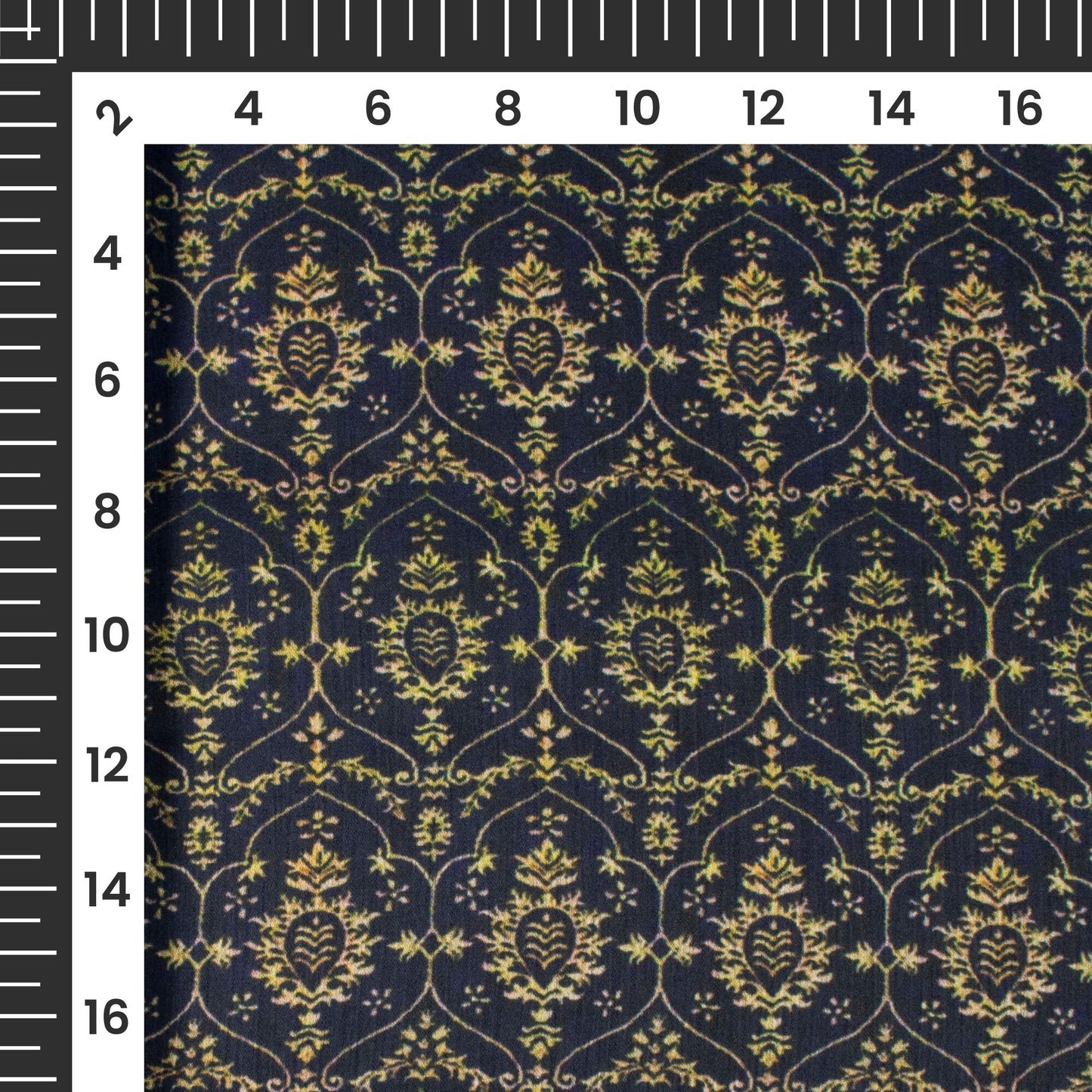 Navy Blue And yellow Traditional Pattern Digital Print Chiffon Satin Fabric