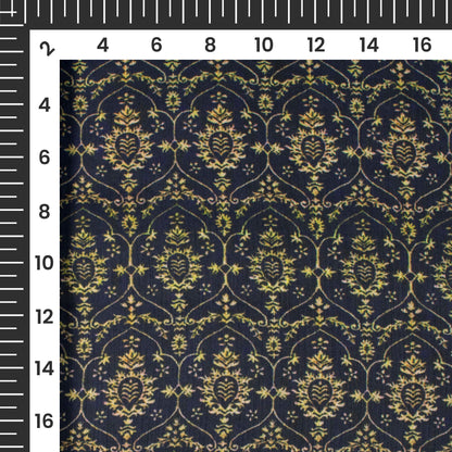 Navy Blue And yellow Traditional Pattern Digital Print Chiffon Satin Fabric