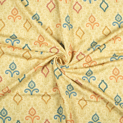 Flaxen Yellow And Blue Ethnic Pattern Digital Print Lycra Fabric