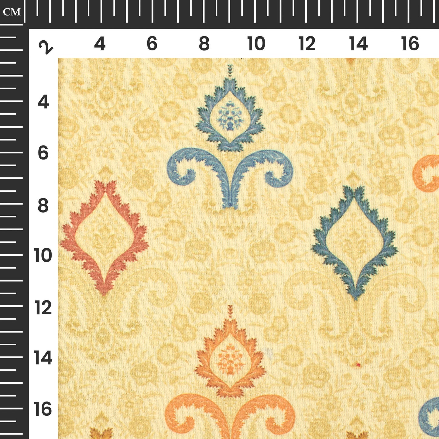 Flaxen Yellow And Blue Ethnic Pattern Digital Print Lycra Fabric