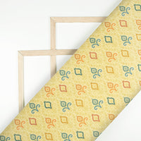 Flaxen Yellow And Blue Ethnic Pattern Digital Print Lycra Fabric