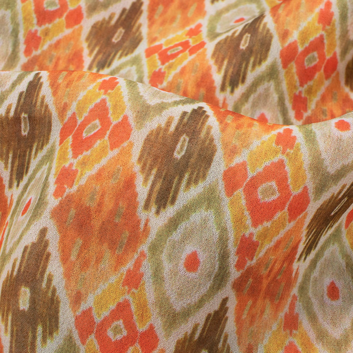 Laurel Green And Orange Ethnic Pattern Digital Print Georgette Fabric