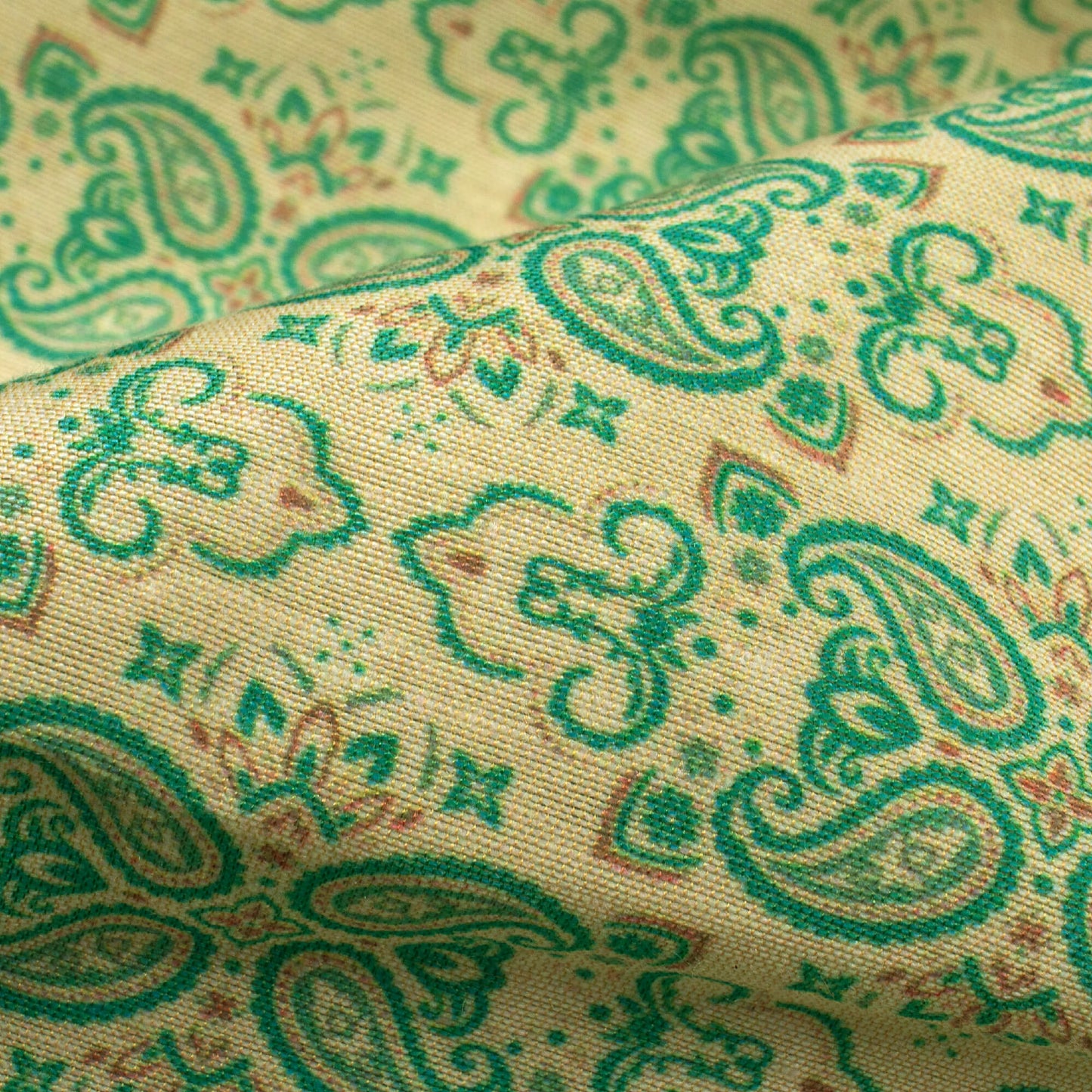 Oyster Beige And Green Paisley Pattern Digital Print Suhana Chanderi Fabric (Width 56 Inches)