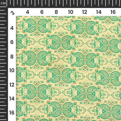 Oyster Beige And Green Paisley Pattern Digital Print Suhana Chanderi Fabric (Width 56 Inches)