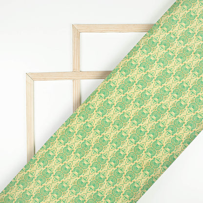 Oyster Beige And Green Paisley Pattern Digital Print Suhana Chanderi Fabric (Width 56 Inches)