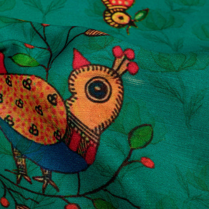Peacock Green And Red Madhuvanii Pattern Digital Print Suhana Chanderi Fabric