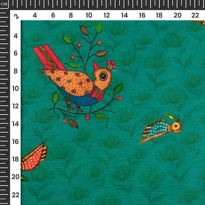 Peacock Green And Red Madhuvanii Pattern Digital Print Suhana Chanderi Fabric