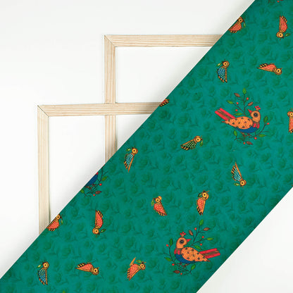Peacock Green And Red Madhuvanii Pattern Digital Print Suhana Chanderi Fabric