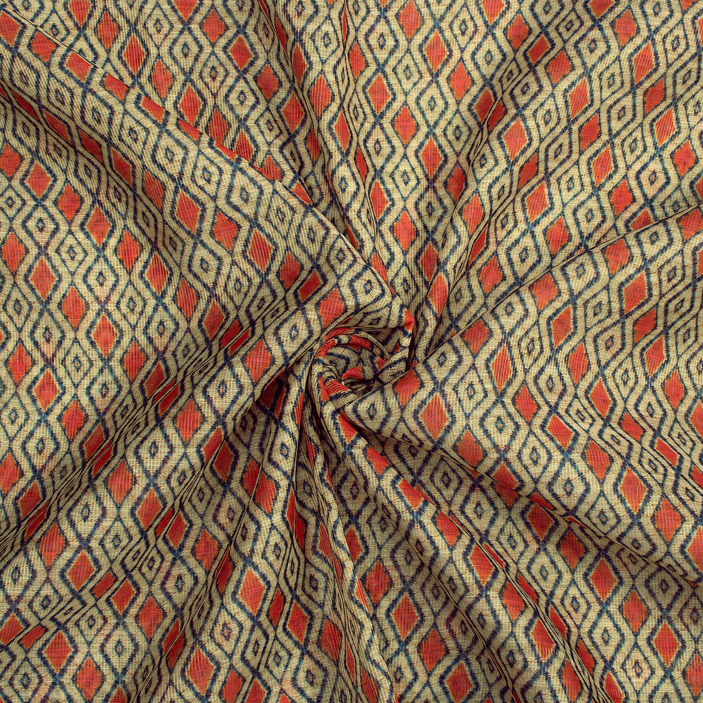 Oyster Beige And Red Geometric Pattern Digital Print Chanderi Fabric