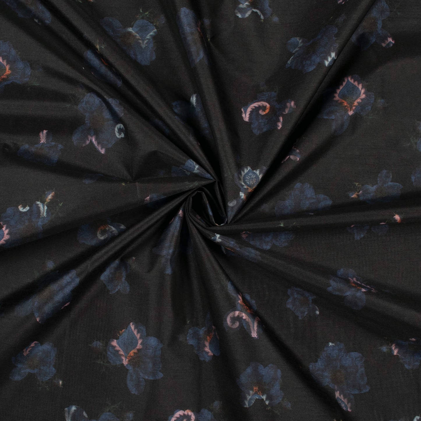 Black And Space Blue Floral Pattern Digital Print  Art Silk Fabric