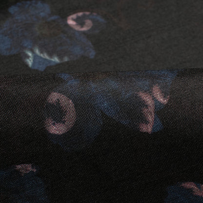 Black And Space Blue Floral Pattern Digital Print  Art Silk Fabric
