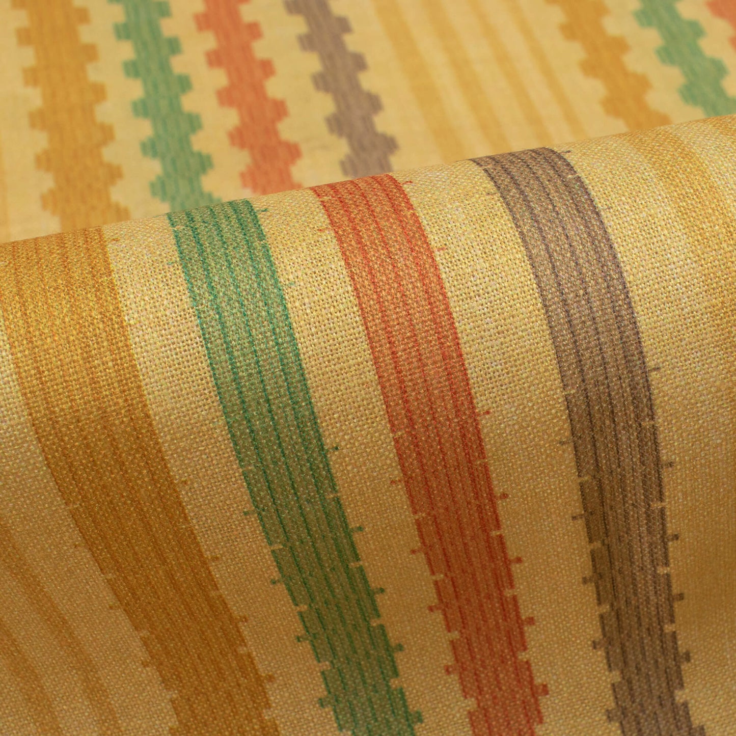 Royal Yellow And Green Stripes Pattern Digital Print Linen Textured Fabric (56 Inches)