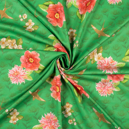 Forest Green And Pink Floral Pattern Digital Print Ultra Premium Butter Crepe