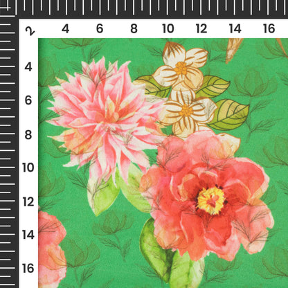 Forest Green And Pink Floral Pattern Digital Print Ultra Premium Butter Crepe