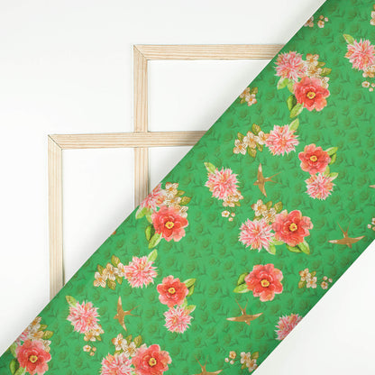 Forest Green And Pink Floral Pattern Digital Print Ultra Premium Butter Crepe