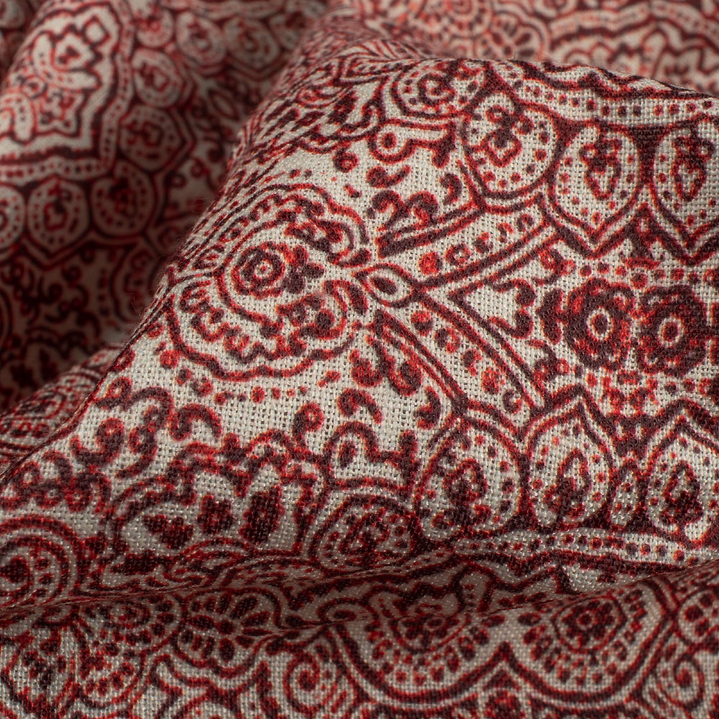 Red And White Traditional Pattern Digital Print Linen Textured Fabric (Width 56 Inches)