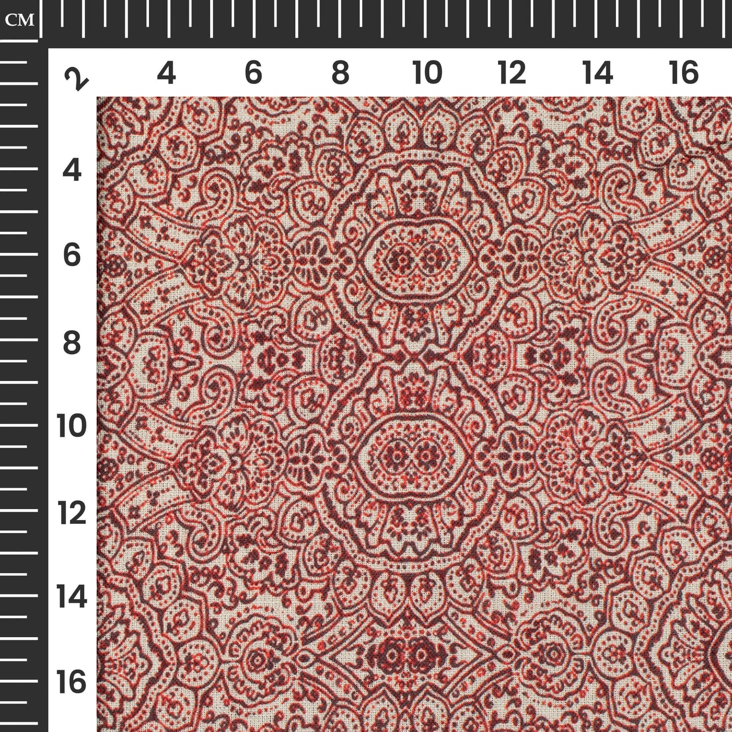 Red And White Traditional Pattern Digital Print Linen Textured Fabric (Width 56 Inches)